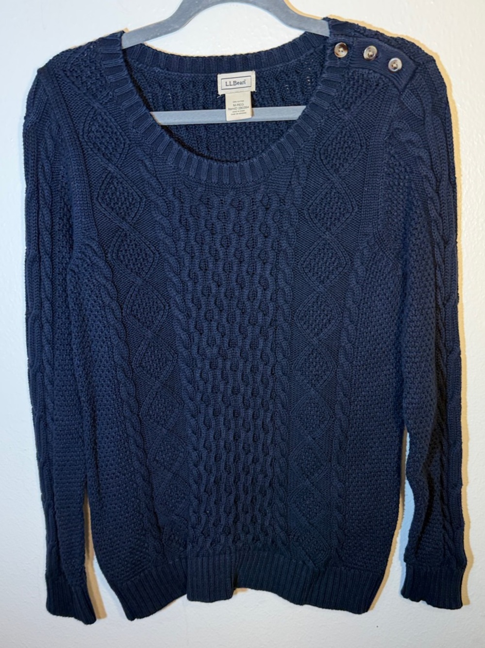 L.L. Bean Cotton Navy Cable-Knit Scoop Neck Sweater Shoulder Buttons Medium